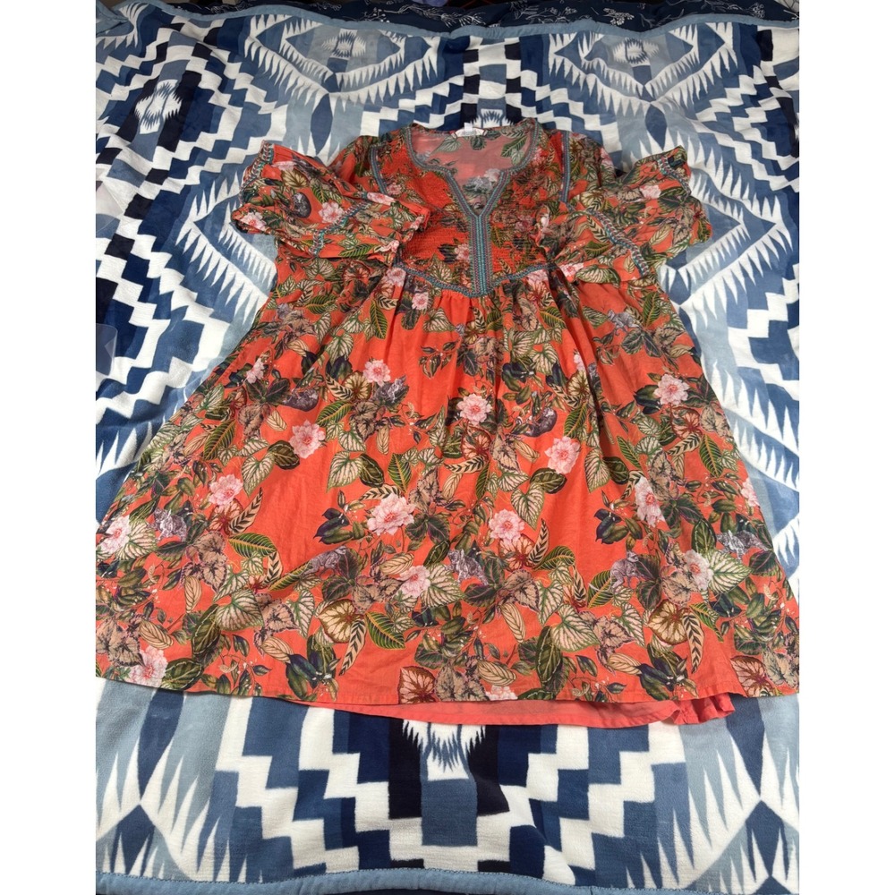 Johnny Was Workshop Coral Floral Smocked Embroidered Tunic Dress XL